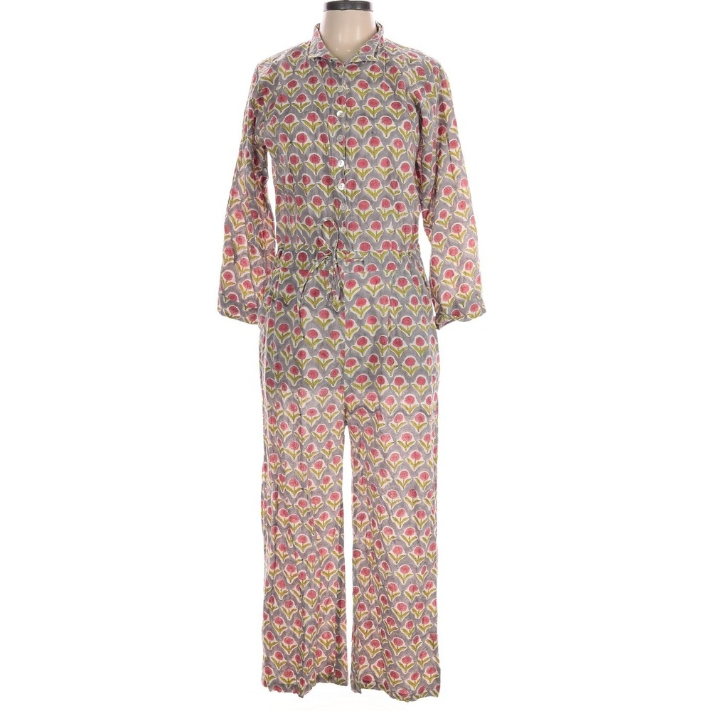Le Bazar Coastal Jumpsuit L Grey Floral Block Print Cotton Boho Wide Leg
